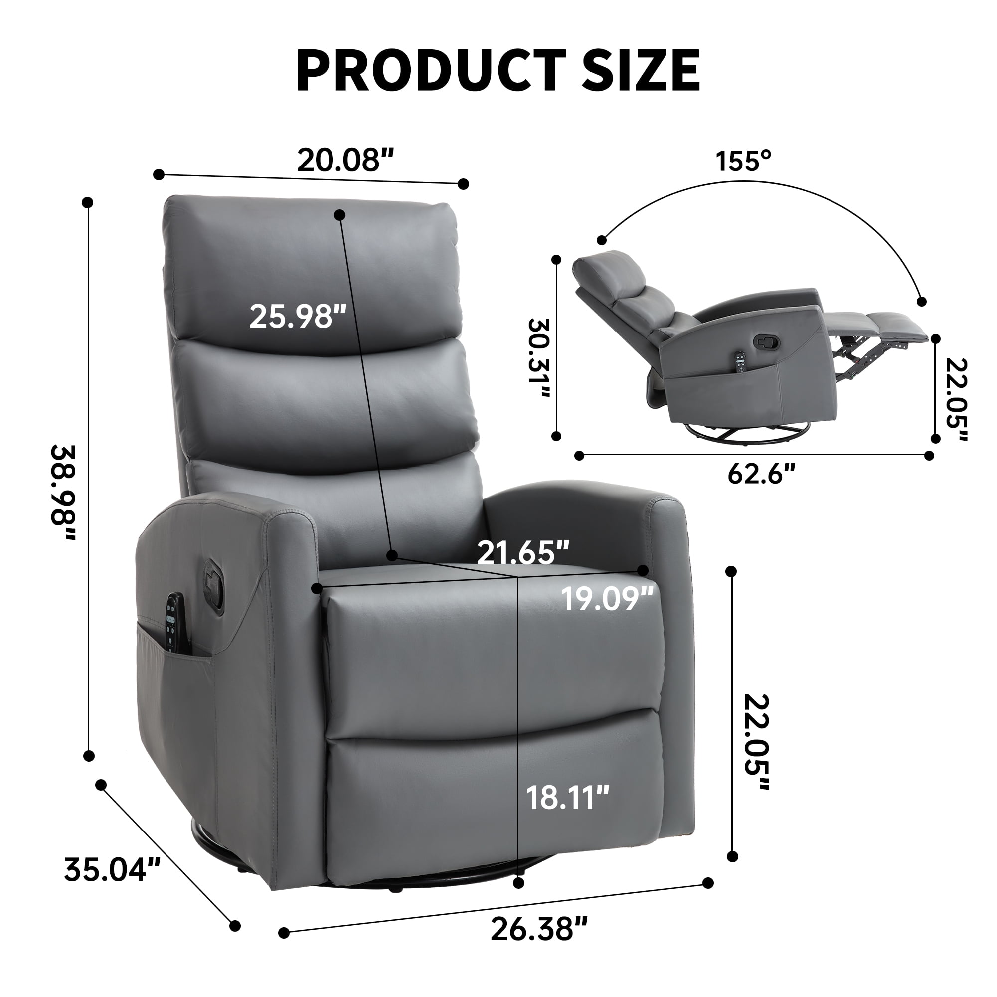 Aukfa 360° Swivel Recliner Rocking Chair with Massage and Heat for Living Room & Nursery, Leather, Gray