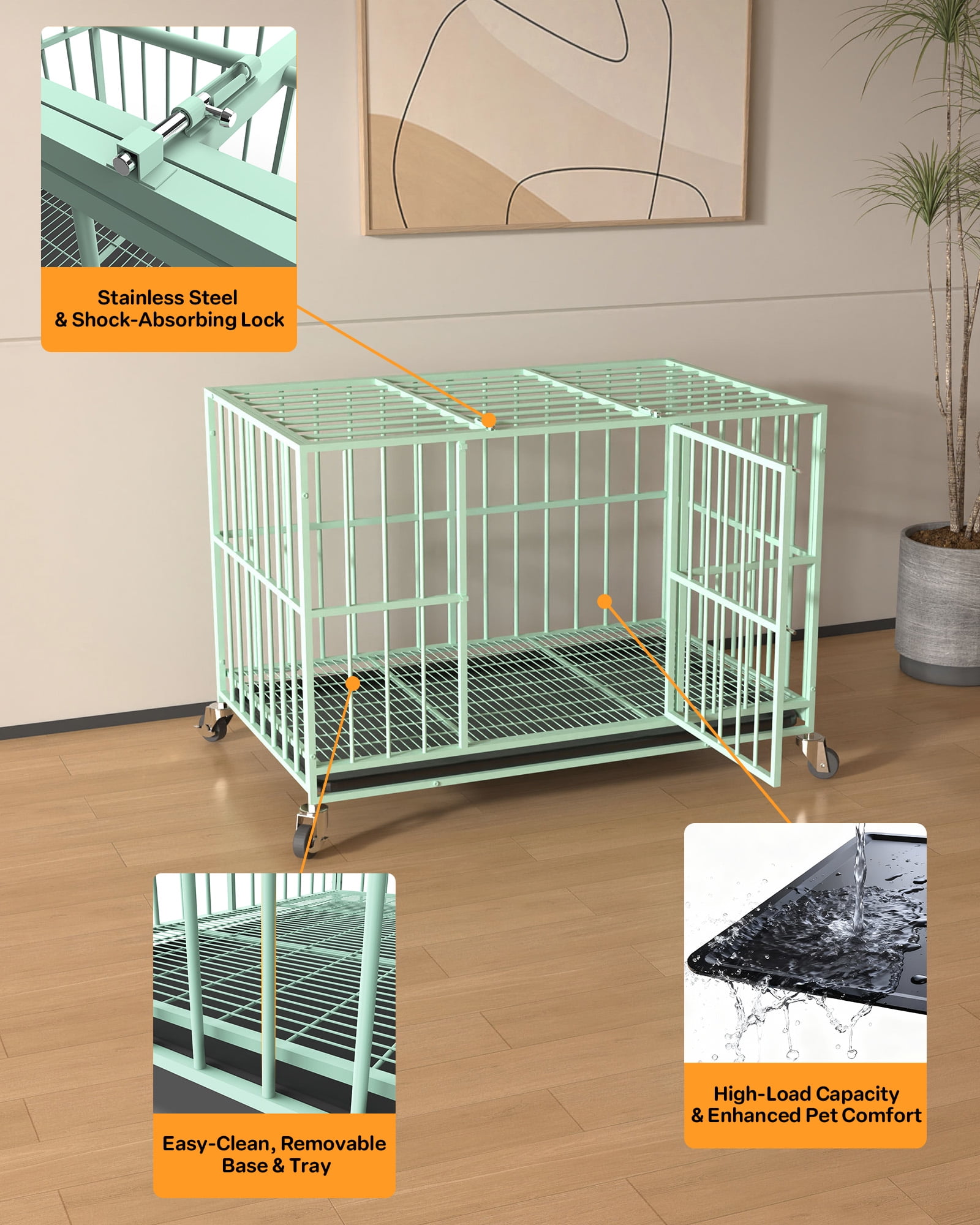 TIME RAY 48 Inch Heavy Duty Indestructible High Anxiety Dog Crate Cage for Large Dog with Steel Escape Proof, Double Doors,Lockable Wheels and Removable Tray,Green