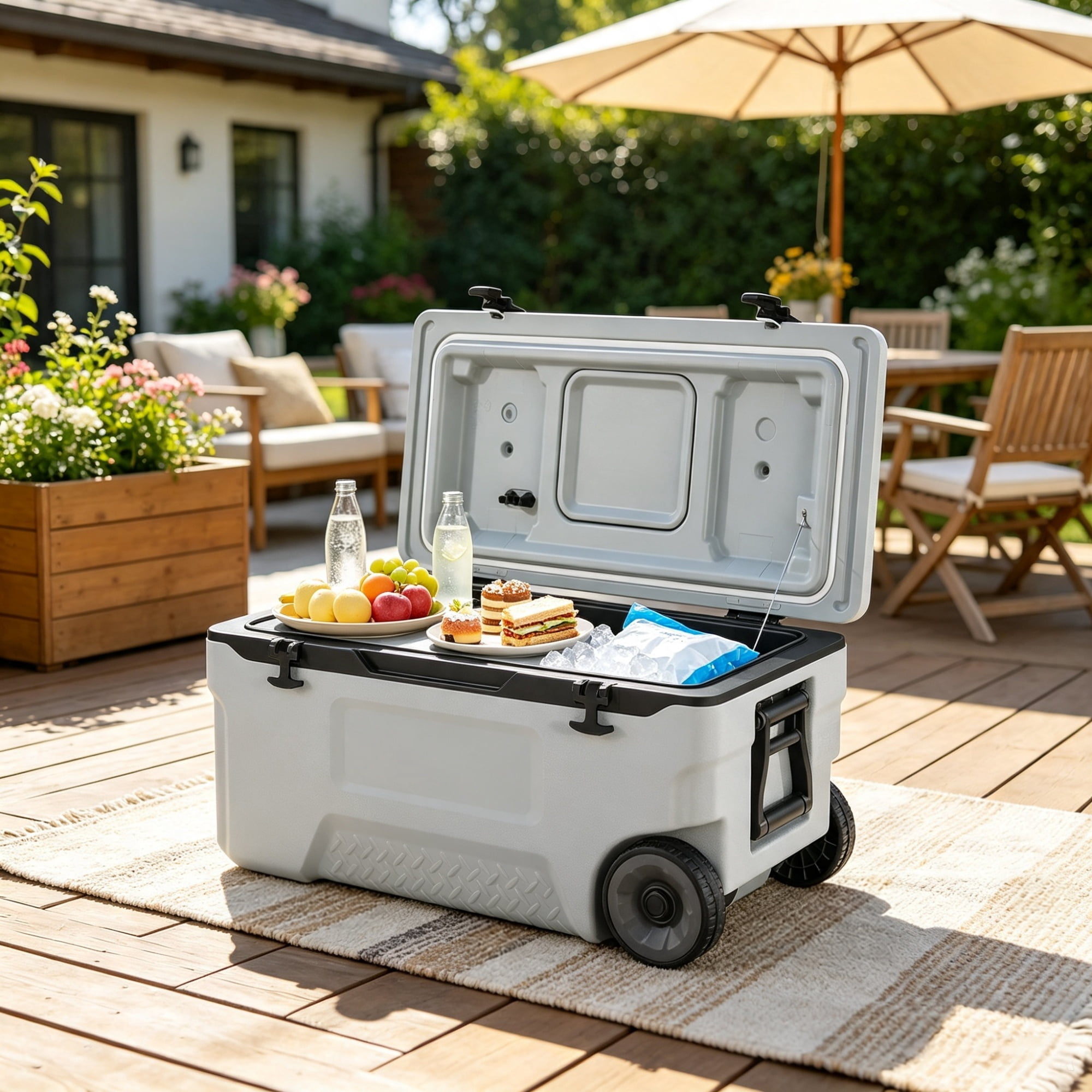 74 QT Portable Wheeled Cooler, Cup Holder & Sturdy Handles, for Family Picnics & Long Trips