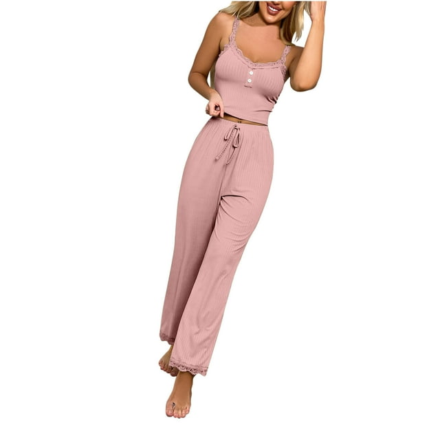 FAIWAD Ensemble de Pyjama 2 Pcs pour Femmes, Haut Court à Boutons et Pantalon Long avec Dentelle