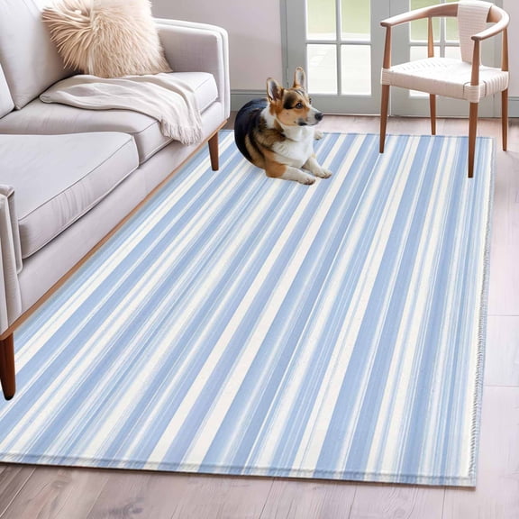 Blue Striped Area Rug 3x5 Washable Rug Non Slip Farmhouse Stripe Modern Abstract Art Large Area Rug Indoor Floor Carpet for Entryway Bedroom Kitchen Living Room Home Office Dining Room Nursery
