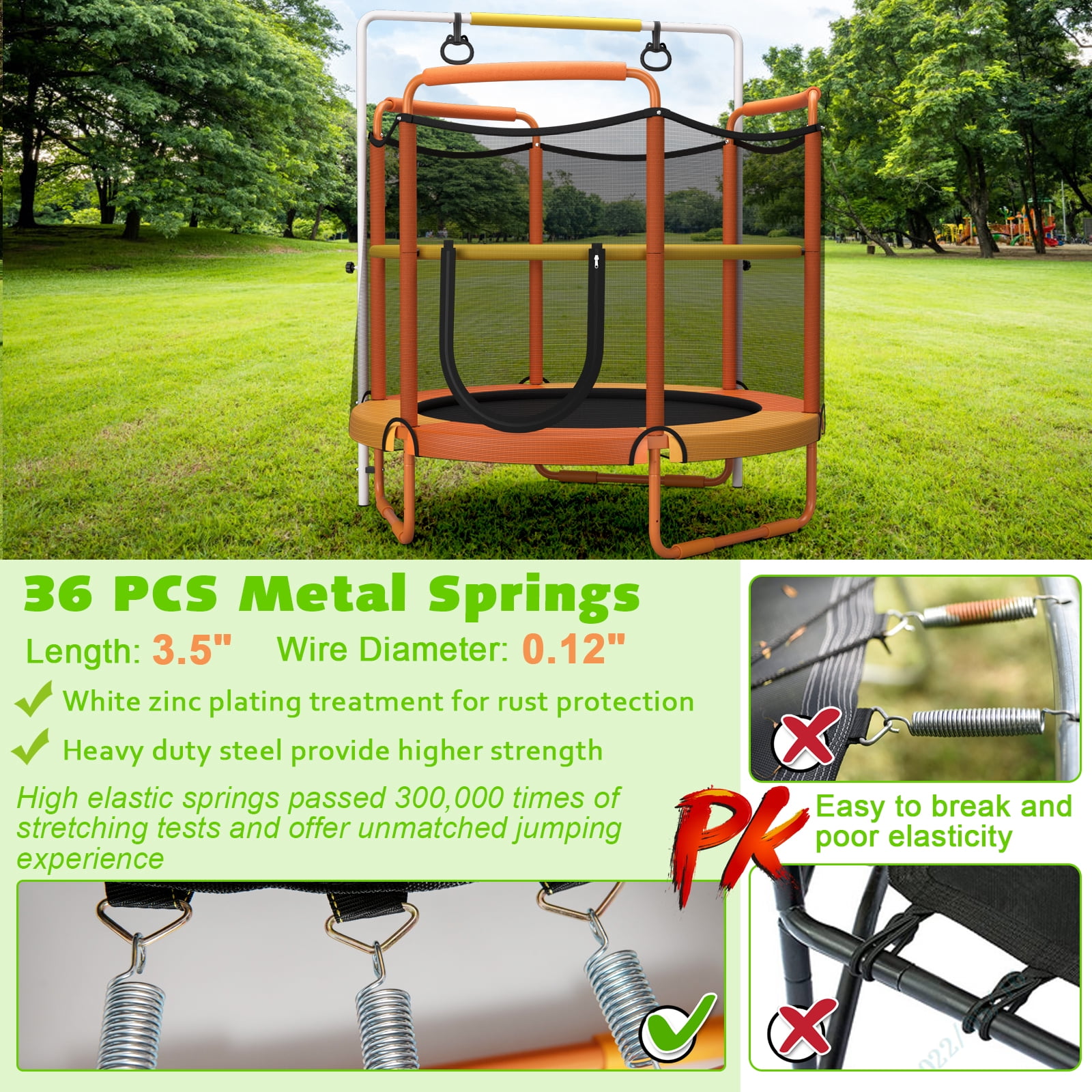 Topbuy 60 Inch Kids Trampoline, 330 LBS 3-in-1 Trampoline w/ Swinging Rings 3-Level Height Adjustable Horizontal Bar Orange