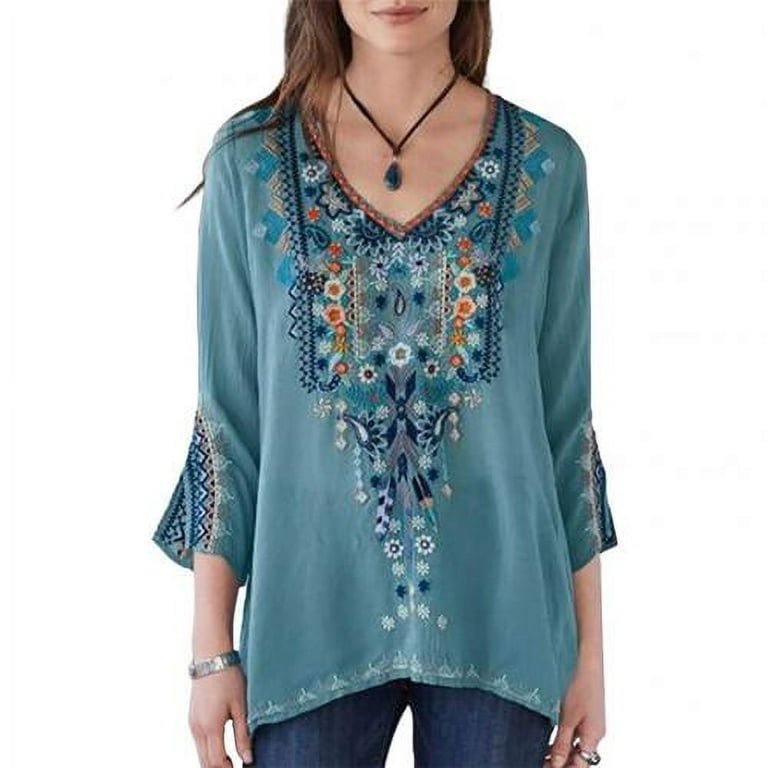 Blue Denim Top With Multi Colour Thread Embroidery, Kashmiri Embroidered  Shirts, Women Blouse, Rich Hippie Top, Bohemian Women Tops 