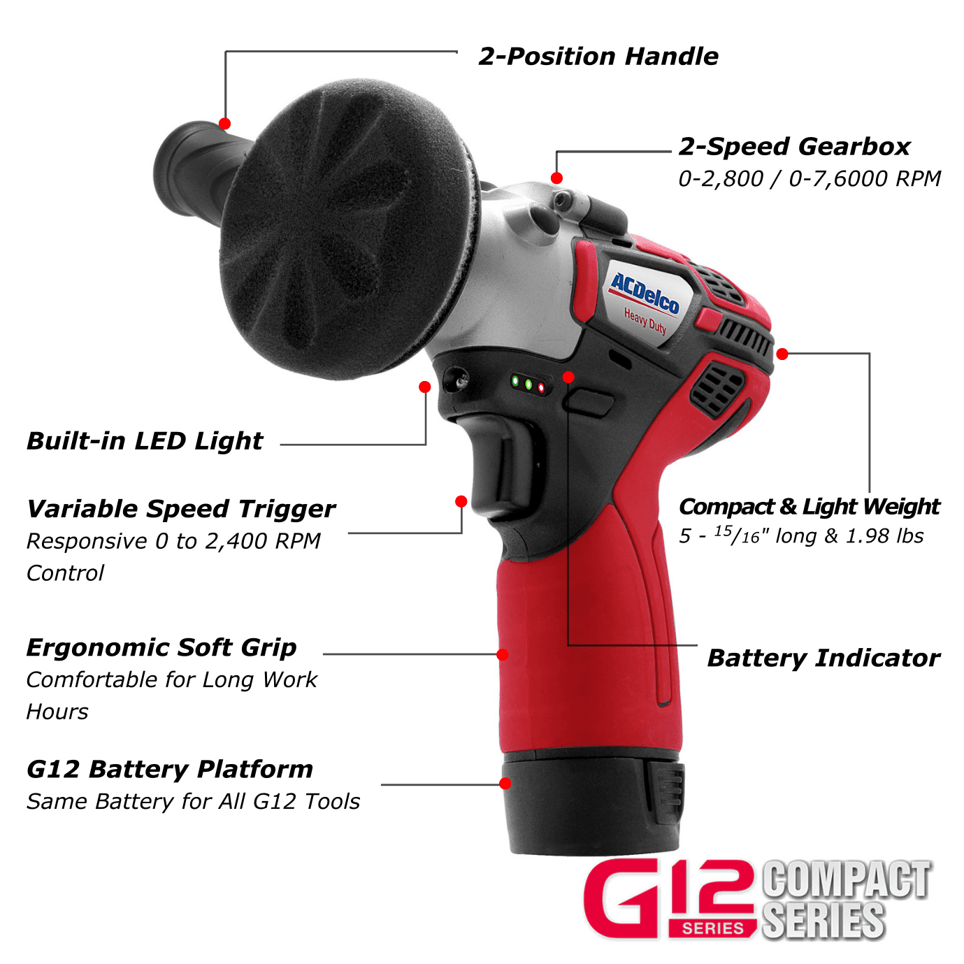 ACDelco ARW12103-K13 G12 Series 12V Cordless Li-ion 3" Mini Polisher, 3/8" Impact Wrench & Brushless Ratchet Wrench Combo Tool Kit with 2 Batteries