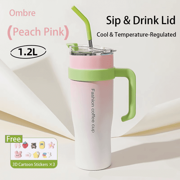 FTCBJJA 42oz Stainless Steel Insulated Tumbler with Leak-proof Lid, Vacuum Insulated Travel Mug，3-in-1 Straw/Handle/Cup Holder Compatible (Gradient Pink)​