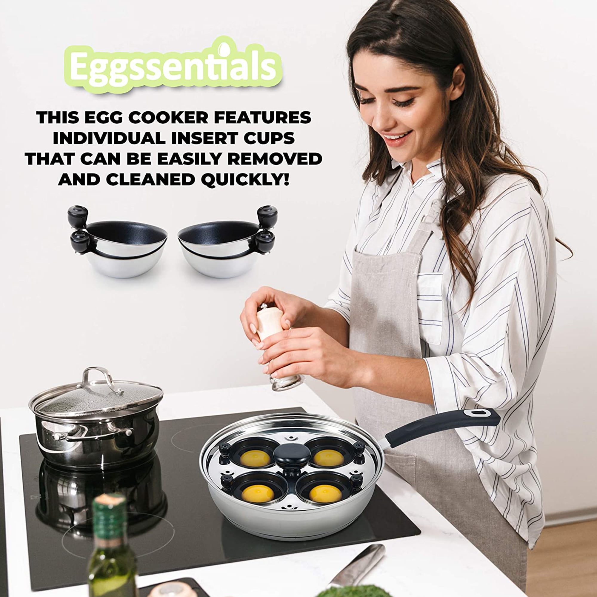 Eggssentials Poached Egg Maker - Nonstick 6 Egg Poaching Cups - Stainless Steel Egg Poacher Pan FDA Certified Food Grade Safe PFOA Free with Bonus