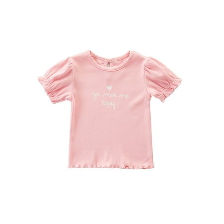 

Baby Girl Summer Clothes Outfit Toddler Ruffle Short Puff Sleeve Letter Print Top T-Shirt Infant Rib Shirt Clothing Pink 3-6 Months
