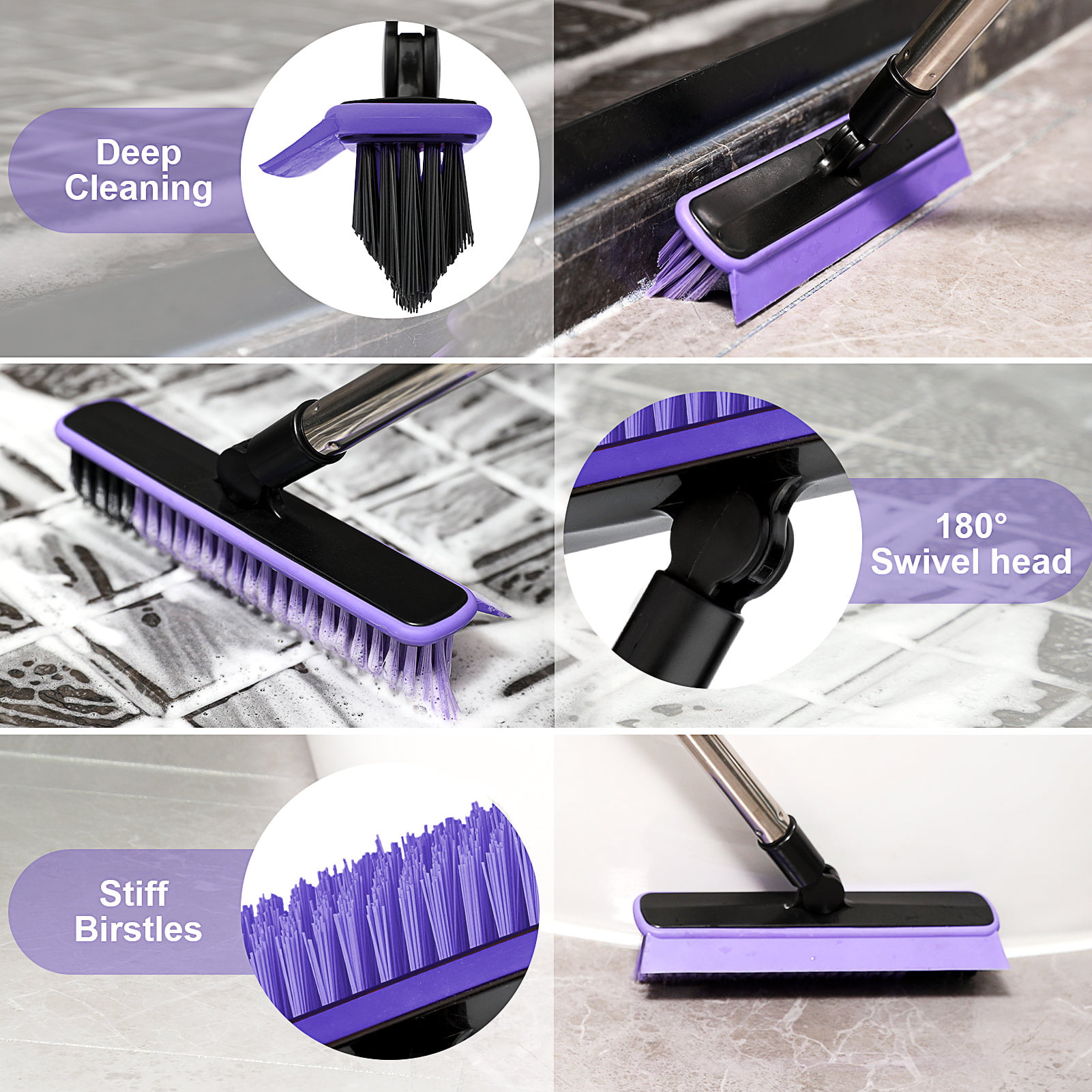 Long Handle Tile Grout Brush with V-Shaped Bristles,Crevice Floor Scrub  Brush 120°Rotatable Bathtub Clean Tool 9inches Wide 45 inches Long Bathroom