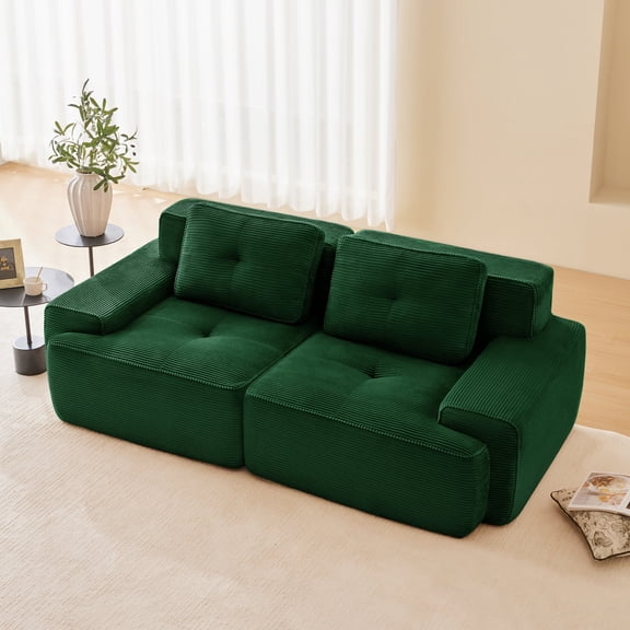 82" Modular Sectional Sofa, Corduroy Fabric Square Couch with Deep Seats, Tufted Design, Pearl-Like Piping, No Assembly Required, Anti-Slip Base, for Living Room, Green
