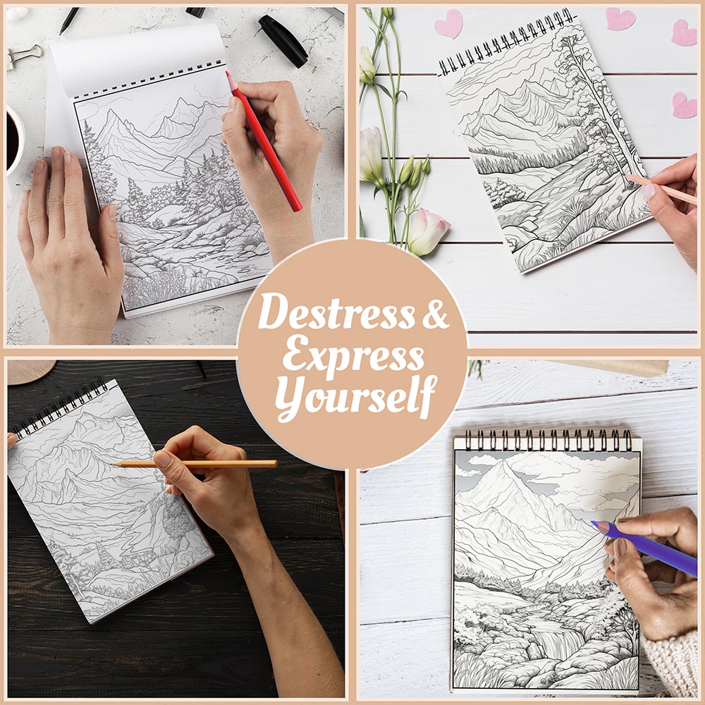 Mindful Mountains Coloring Book Spiral Bound For Adults, A5 Wooden Cover, 30 Calming Coloring Pages in Stunning Mountain Vistas for Stress Relief and Relaxation