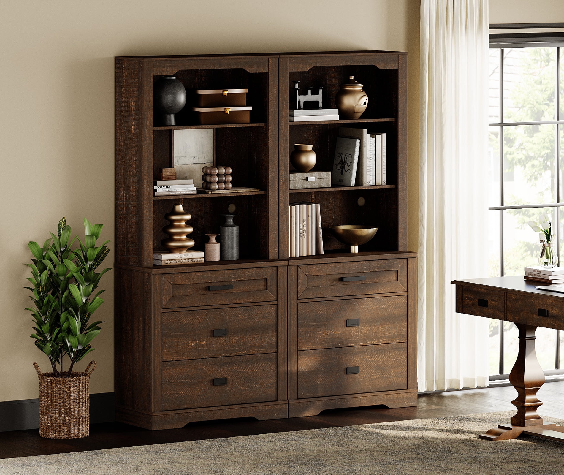 WAMPAT 2 Column 3 Tier Bookcase with Drawer,73.3" Tall Floor Standing Bookshelf,Modern Farmhouse Display Storage Cabinet with Adjustable Shelves,Rustic Brown