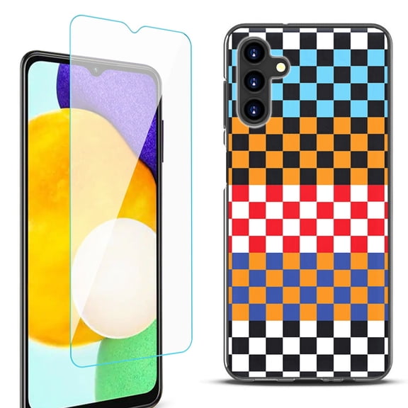 Slim-Fit Protective Fashion Phone Case (Black) for Samsung Galaxy A13 5G, with Tempered Glass Screen Protector, by OneToughShield ® - Colorful Checker