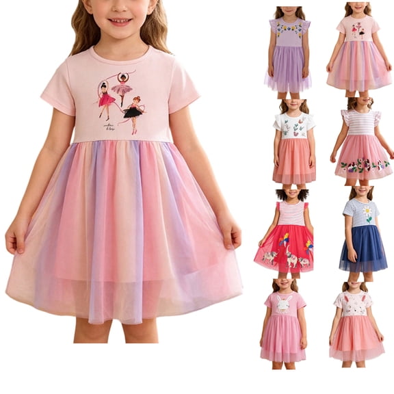 HAOTAGS Girls Summer Dresses 7-8,Round Neck Breathable Short Sleeve Cotton Blend Mini Skater Dress Pink