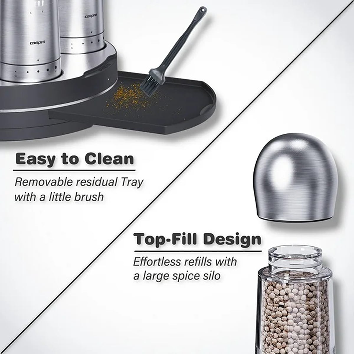 COSPRO 5-in-1 Wireless Charging Electric Salt and Pepper Grinder Set, Rechargeable Automatic Stainless Steel Spice Mill Set - One-Hand to Operate, Adjustable Coarseness, Easy Cleaning