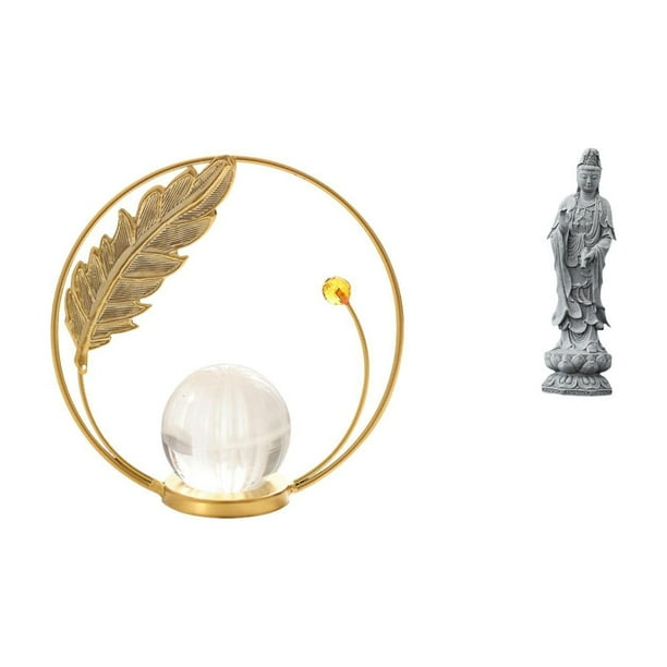 Estatua de bola de cristal,Estatuas de bolas de cristal para decoración del hogar,escritorio interior,Escultura de bola de cristal Figura de hierro Decoración,Estatua de Guan Yin,Estatua de