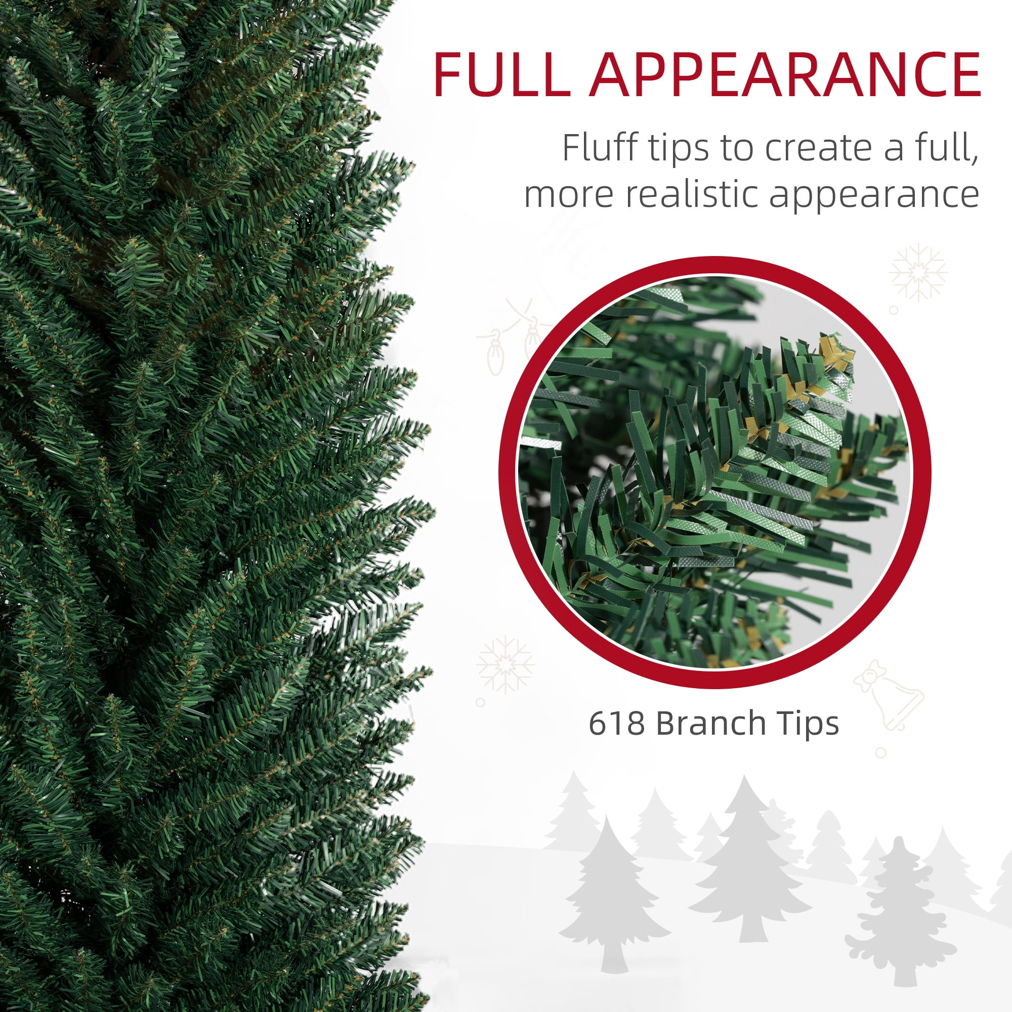 8FT Green Slim Pencil Artificial Christmas Tree, 618 Plastic Branch Tips, Detachable Sturdy Plastic Base, Easy Storage, Indoor Holiday Decor