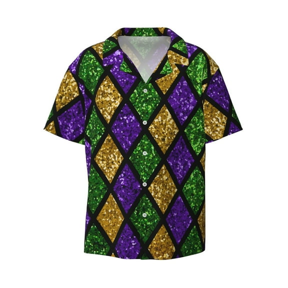 Kuqiui Mardi Gras Shiny Green Purple Print Men's Button Down Shirts Short Sleeve Casual Shirts Hawaiian Shirts Vacation Wedding Shirts with Pocket-Large