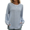 thumbnail image 2 of Women's Long Sleeve Crewneck Stripe Print Tops Shirts Blouses Loose Fit Casual Daily Wear Business Office Vacation Fashion Essential Gift for Women | Aestivo,Light Blue XL, 2 of 8