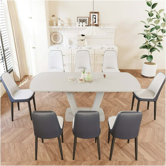 JERFIT Expandable Dining Table Set for 8 with PU Chairs, Modern Kitchen Table with U-Shaped Legs, Blue Grey or White Finish