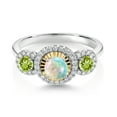 thumbnail image 2 of Gem Stone King 0.70 Ct Round Cabochon White Simulated Opal Green Peridot 925 Silver and 10K Yellow Gold 3 Stone Women's Lab Grown Diamond Ring (Size 6), 2 of 3