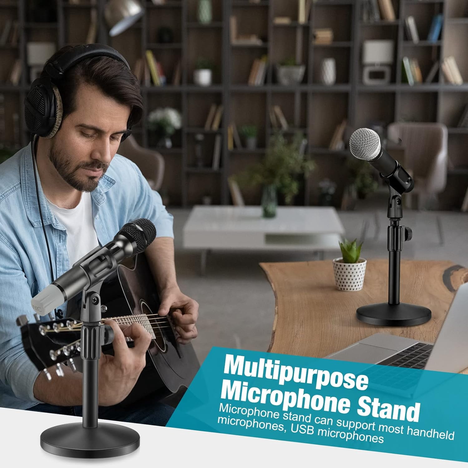 4 Pcs Desktop Mic Stand Adjustable Microphone Desk Stands with Metal Round Base for Table Interviews Black