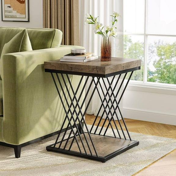 Square End Table White Gold 2-Tier Side Table Modern Small Bedside Table with Storage for Couch
