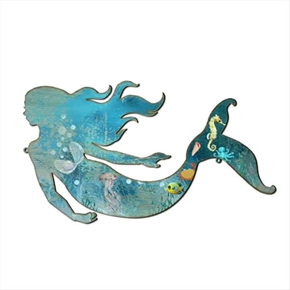 Rustic Blue Metal Mermaid Wall Hanging Sculpture 22cm, Outdoor Garden Patio Elegant Metal Wall Art Decor