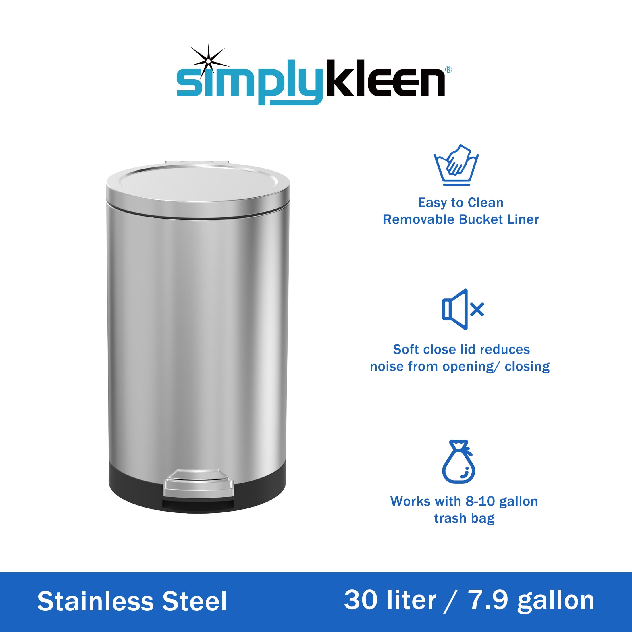 SimplyKleen Kitchen Trash Can, 7.9 Gallon Stainless Steel Step Garbage Bin with Lid, Silver