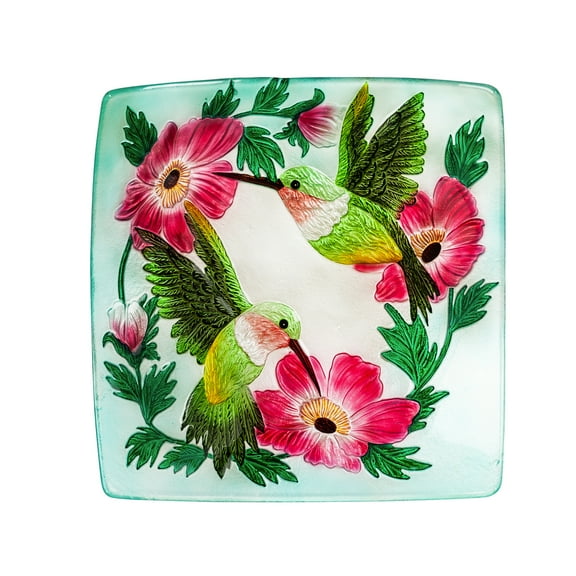 Evergreen 16.5" Hand Painted Embossed Square Glass Bird Bath, Hummingbird duo, 16.5'' x 16.5'' x 2.4'' inches