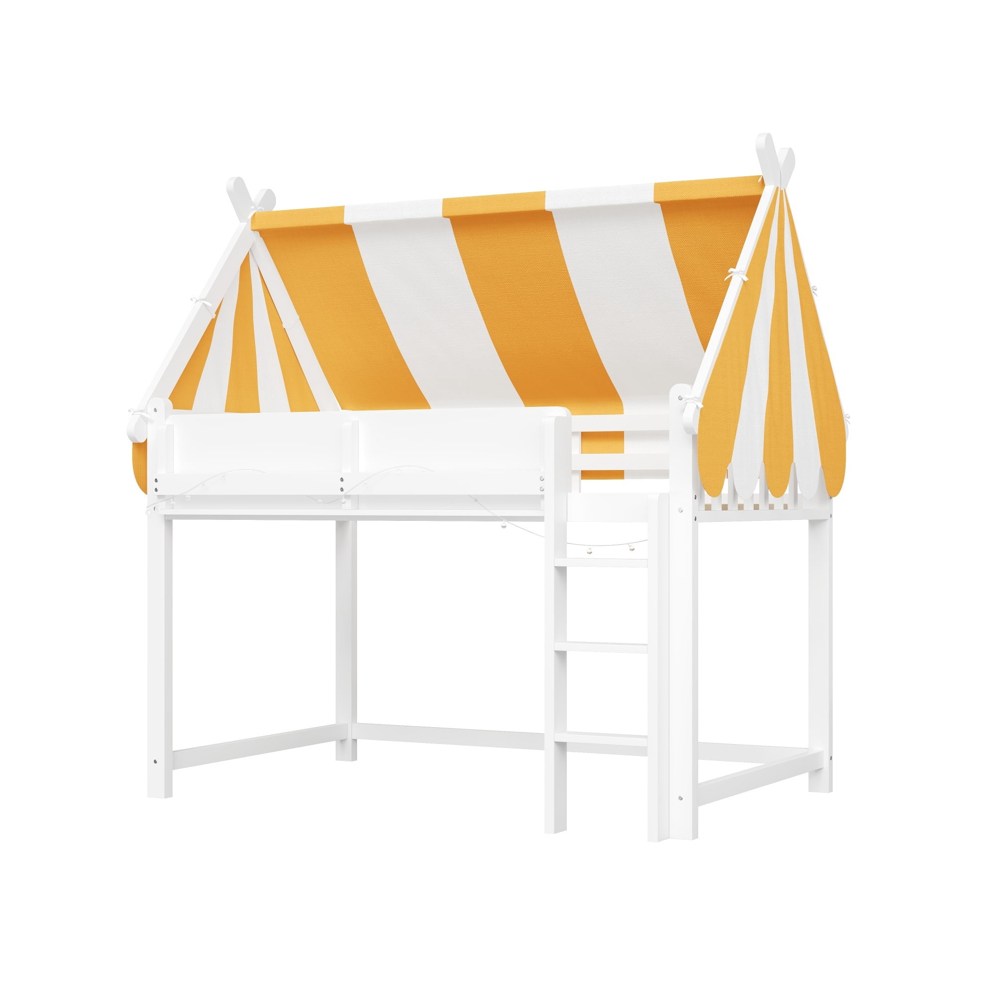Euroco Wood Full Size Loft Bed with Shelves, House Canopy Bed with LED Light, White