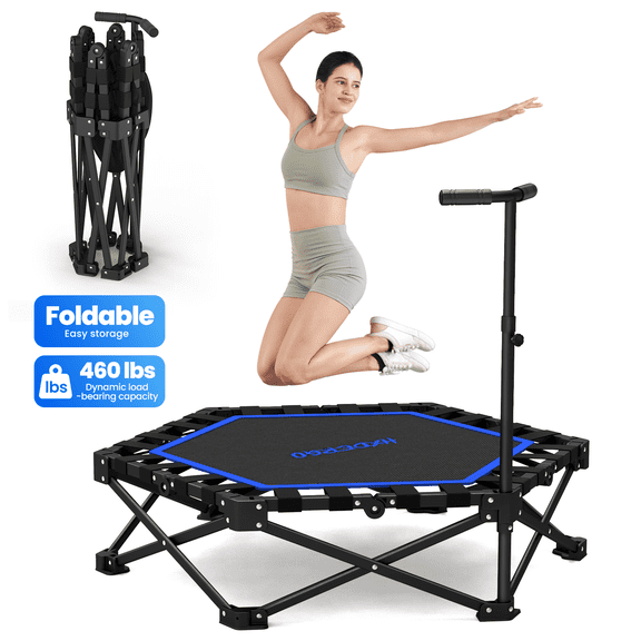 HXD-ERGO 42'' Foldable Mini Trampoline, Rebounder Trampoline with Adjustable Foam Handle, Fitness Trampoline for Indoor, Outdoor, Home Gym, Max Load 460lbs