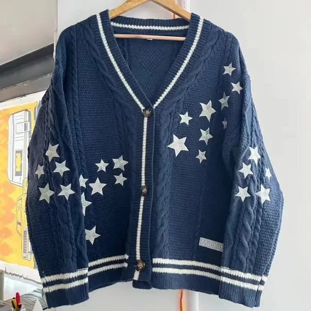 Suéteres Y2k para mujer, cárdigan de punto de algodón con bordado de estrellas, color azul medianoche, moda cálida y holgada, otoño
