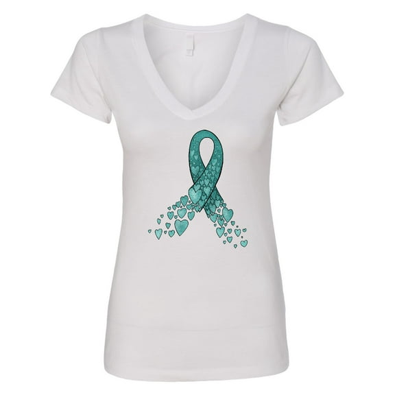 Inktastic Ovarian Cancer Awareness Teal Ribbon Made of Hearts Women's V-Neck T-Shirt