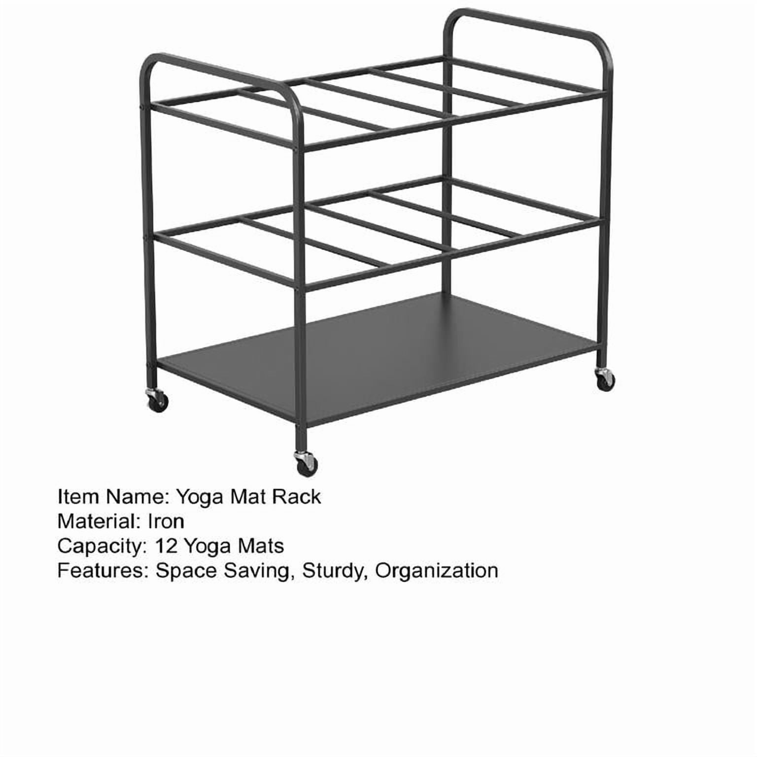 Yoga Mat Storage Rack with Wheels Iron Organizer Holds 12 Yoga Mats Thickened Metal Structure Durable Corrosion-Resistant 4 Smooth Rolling Wheels Easy Move Space Saving Keeps Workout Area Tidy