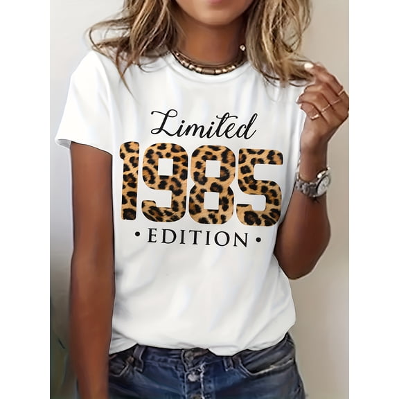 1985 Birthday Leopard Print Graphic Tee for Women, Vintage Limited Edition Short Sleeve T-Shirt, Casual Crew Neck Top for Summer Daily Wear