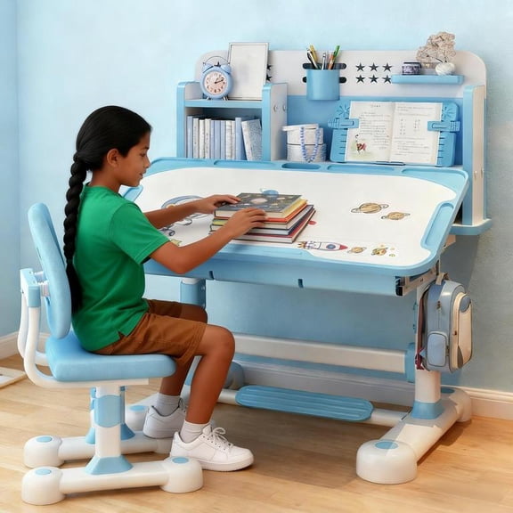 YNCE Kids Study Desk Chair, Height Adjustable Children's Desks with Tilt Desktop Book Stand Foot Pedal,Kids Desk and Chair Set Writing Table & Chair Set Desk for Kids