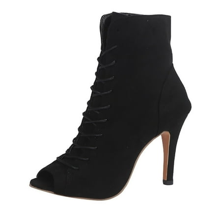 

dmqupv Leather Knee High Heel Boots for Women High Heels Peeptoe Laceup Short Boots Knee High Boots for Women Low Heel Shoes Black 9.5