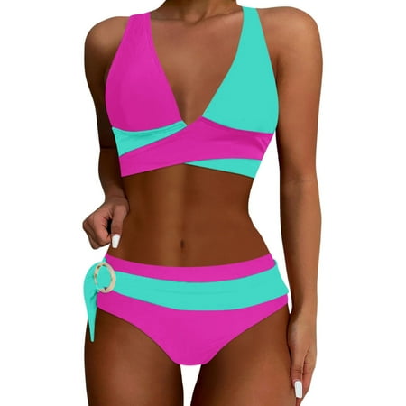 High Waisted Bikini Sets For Women Two Piece Swimsuits Wrap Front Bikini High Waisted Bottom Tummy Bathing Suits Color Block Cheeky High Cut Bathing Suits Vintage Print Swimwear #03 Light Green S