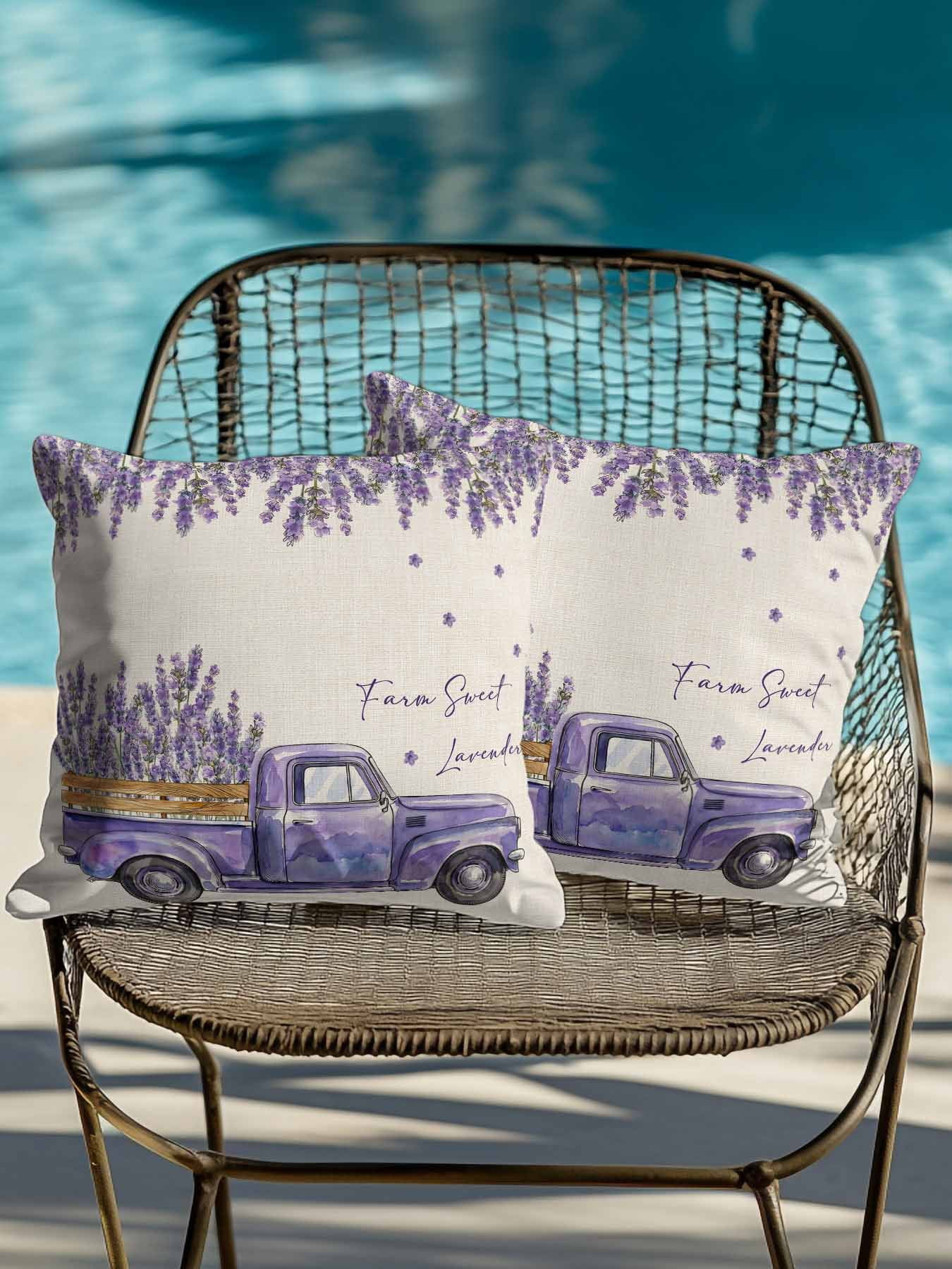 Outdoor Throw Pillow Set of 2, Purple Lavender Waterproof Pillow with Insert Included, Spring Floral Flowers Truck Farmhouse Beige Decorative Accent Cushion Sofa Pillows for Patio Porch, 16 x 16 In
