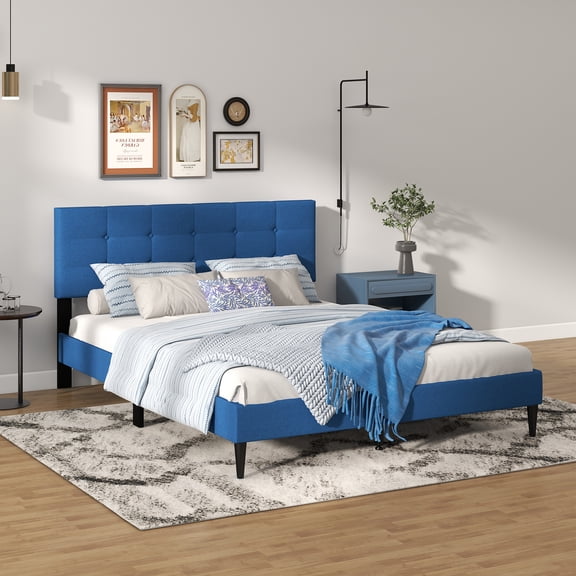 Infans Queen Upholstered Platform Bed Mattress Foundation Button Tufted Headboard Blue