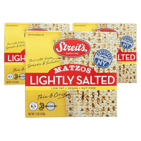 Streit's Lightly Salted Matzo - Thin & Crispy, Non-GMO, Low Fat, Vegan, Nut Free, Family Owned, Kosher Certified, Pair with Soups, Spreads & Salads (11oz, Pack of 3)