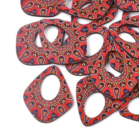 U8MO 10pcs Printed Basswood Teardrop Pendants OrangeRed Smooth Charms Craft 45x36.5mm