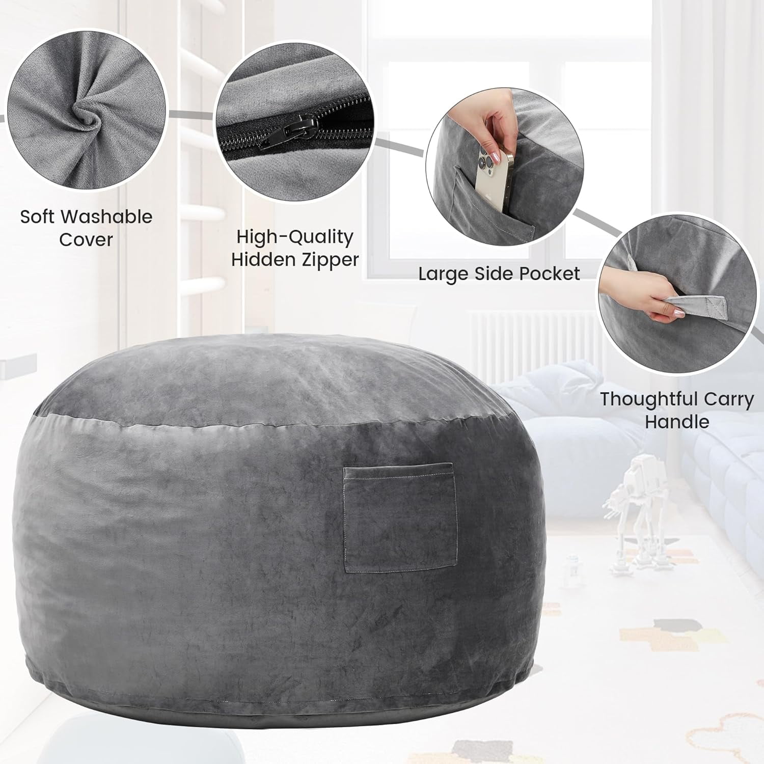 4 FT Bean Bag Chair for Adults, Teens, or Kids, Adult Size Beanbag Chair, Luxurious Memory Foam Filling, Washable Velvet Cover, Perfect for Living Room, Den, Bedroom, or Dorm, Light Grey