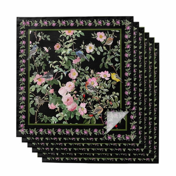 Black Spring Floral Cloth Napkins, Elegant Pastoral Flowers Birds Watercolor Washable and Reusable Dinner Napkins Set of 6, Table Napkin for Kitchen Party Birthday Wedding Hotel Housewarming 20"x20"