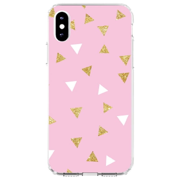 DistinctInk Clear Shockproof Hybrid Case for iPhone XR (6.1" Screen) - TPU Bumper, Acrylic Back, Tempered Glass Screen Protector - Pink & Gold Print - Triangles Pattern