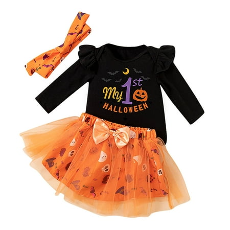 

Baby Girls Outfits Letters Cartoon Pumpkin Print Flying Long Sleeve Romper Short Skirt With Headband Three Piece Clothes for Girls Size 9-12 Months