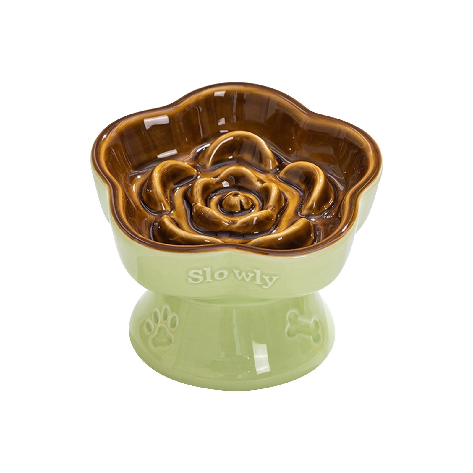 Raised Slow Feeder Cat Bowl,Ceramic Elevated Food Bowl Small Dogs Slow Feeder, Flower Shaped Cute Cat Dish for Dry and Wet Food (A,5.9")