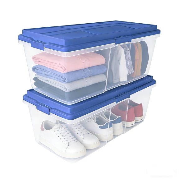 2-Pack 113 Quart Clear Plastic Stackable Storage Bin - with Locking Latches, Smoke Blue, Ideal for Home/Office, Stores Crafts, Household & Seasonal Items