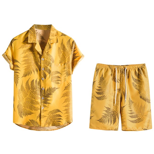 Conjunto casual de blusa y pantalones de playa de manga corta con estampado de botones para hombre Pompotops oipoqjl35438