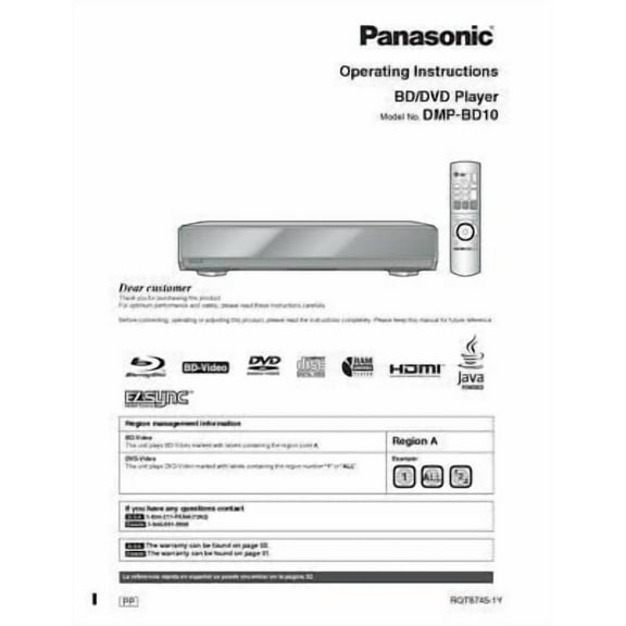 Instruction Manual ONLY for Panasonic DMP-BD10 Blu-ray Player Owners Instruction Manual REPRINT